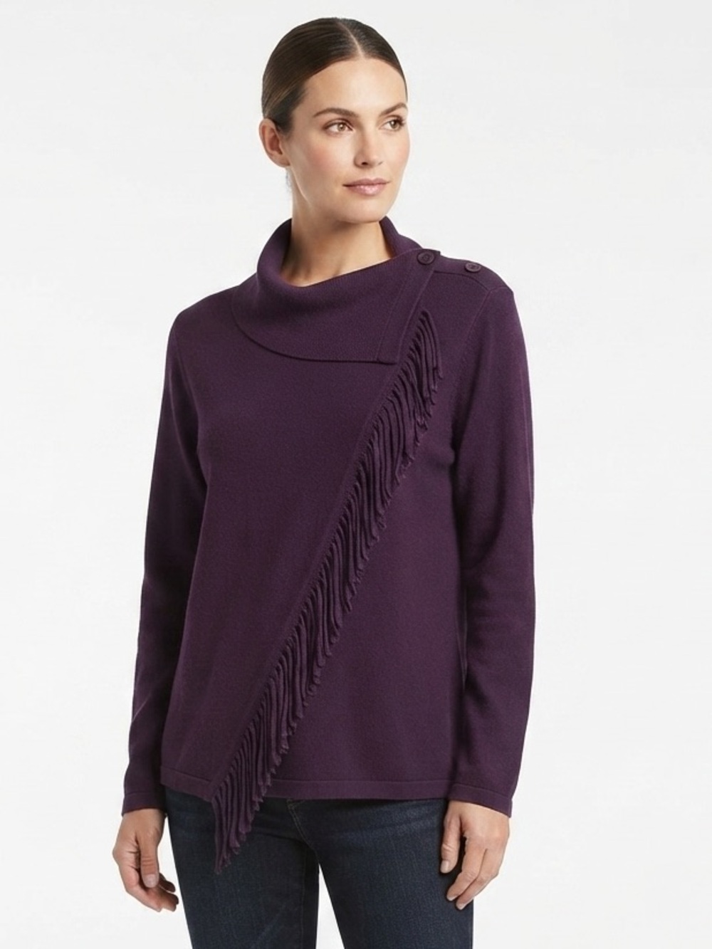 Chico's Purple Asymmetrical Cowl Neck Fringe Sweater Top Cardigan Size 2 | Large